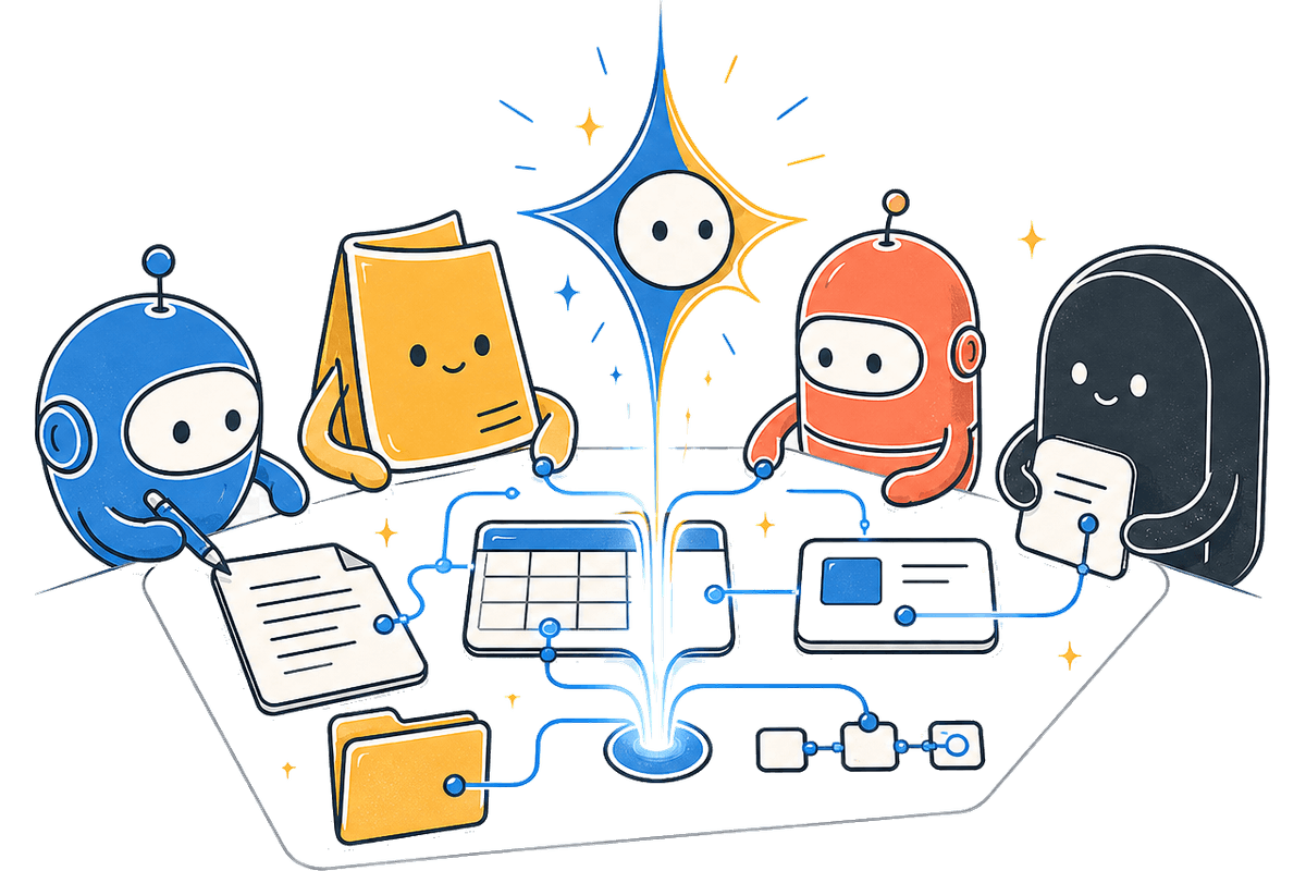 Nexfiy mascots connecting documents, databases, files, and AI workflows